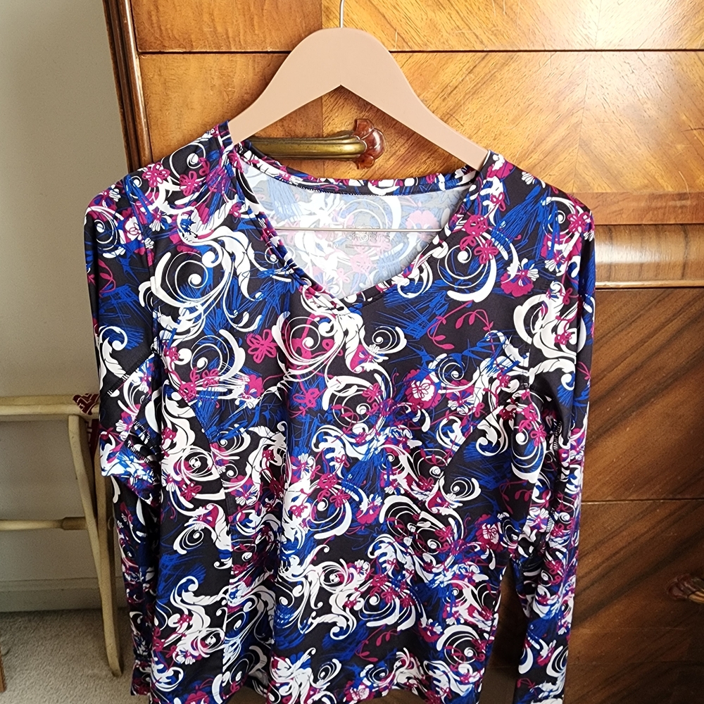SkirtSports Black Long Sleeve V-Neck Top with Blue & Pink Floral Swirls